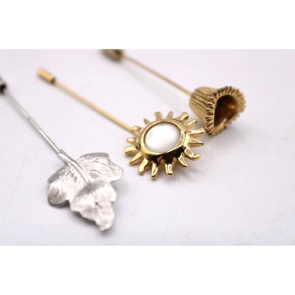 Vintage Lapel Stick Pins Set 4 Sunflower Leaf Floral Designs Gold Silver Tone - Picture 3 of 6